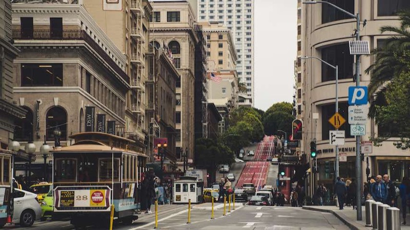 The cable car turnaround point at Powell and Market Streets
