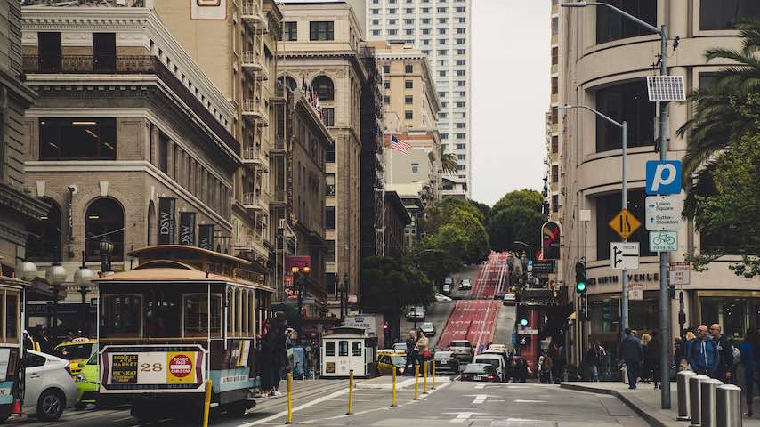 The cable car turnaround point at Powell and Market Streets