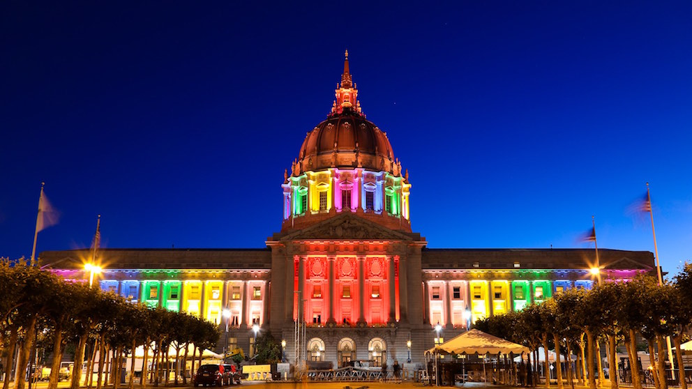 San Francisco City Hall, lit up for Pride